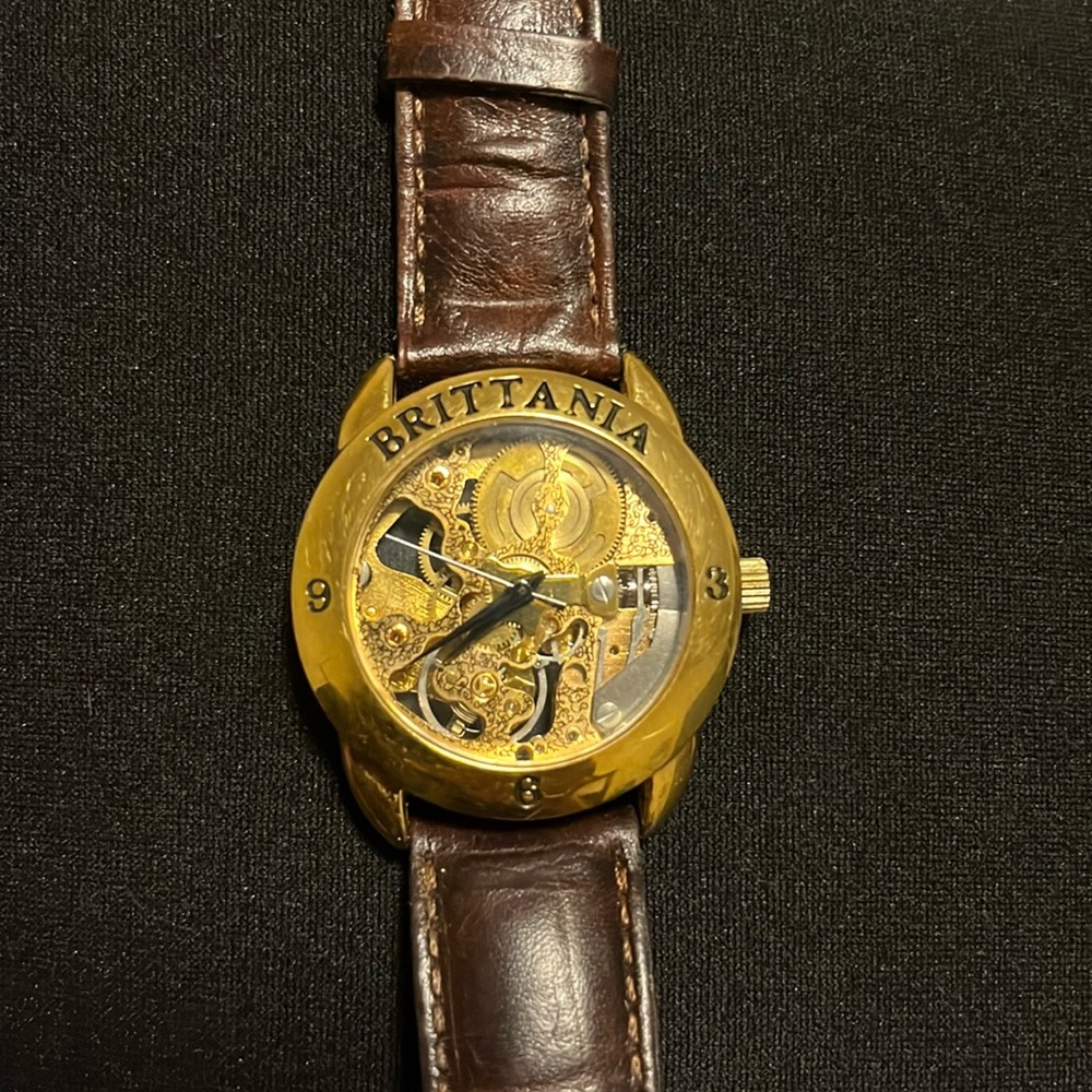 VINTAGE 1990S BRITTANIA SKELETON MEN’S WINDUP WRISTWATCH LEATHER BAND